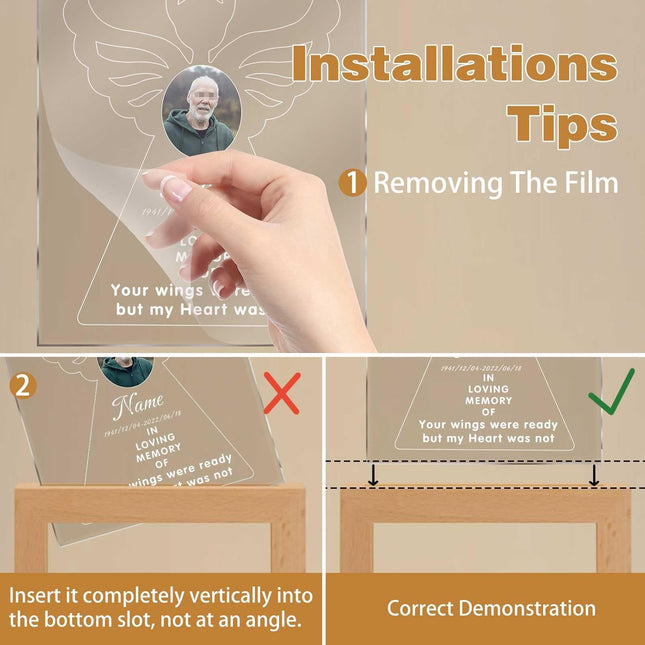 UUBAO Personalized Memorial Gift Night Light Customized Light Up Picture Frames Acrylic Led Plaque Lamp Sympathy Remembrance Gift(Angel Wing)