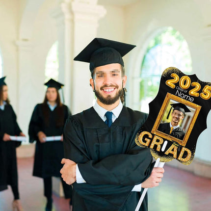 UUBAO Personalized Graduation Double Sided Face Fan Class of 2025 Customized Graduation Head Face Cutout with Handle Fun Photo Prop Supplies(Black and Gold)
