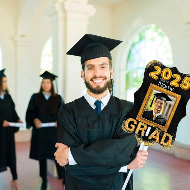 UUBAO Personalized Graduation Double Sided Face Fan Class of 2025 Customized Graduation Head Face Cutout with Handle Fun Photo Prop Supplies(Black and Gold)