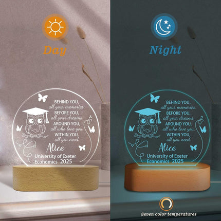 UUBAO Personalized Graduation Lamp Gifts for Her or Him Class of 2025 Custom Name College & Year Congrats Grad 3D Illusion Night Light Decoration for High School Graduation or University (Owl)