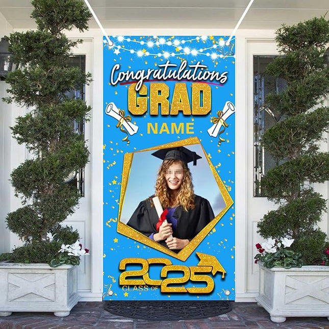 UUBAO Custom Graduation Party Decorations Personalization Banner Class of 2025 Backdrop Door Cover (Sky Blue and Gold)