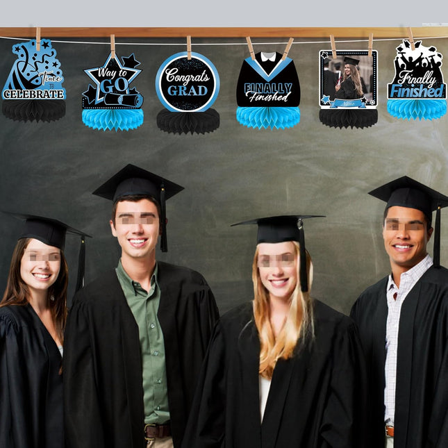 UUBAO 9 PCS Custom Graduation Party Honeycomb Centerpieces Class of 2025 Congrats Grad Decorations Congratulate Graduation Table Toppers for Graduation Party Favor Supplies (Sky Blue)