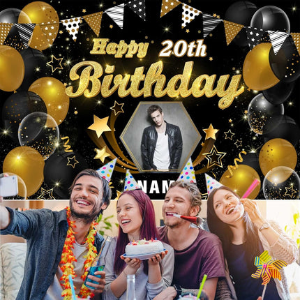 UUBAO Custom Black Gold Theme Birthday Banner for Party Happy Birthday Backdrop Decoration Personalized with Name and Photo