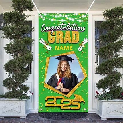 UUBAO Custom Graduation Party Decorations Personalization Banner Class of 2025 Backdrop Door Cover (Light Green and Gold)