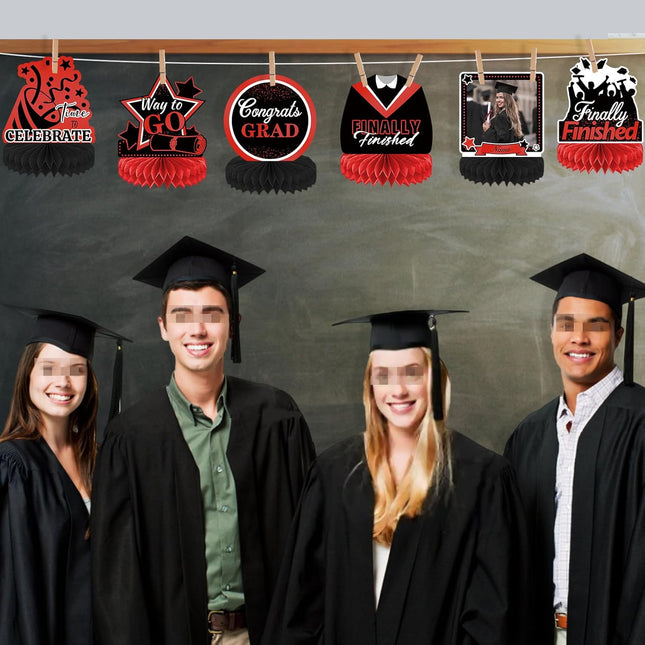 UUBAO 9 PCS Custom Graduation Party Honeycomb Centerpieces Class of 2025 Congrats Grad Decorations Congratulate Graduation Table Toppers for Graduation Party Favor Supplies (Red)