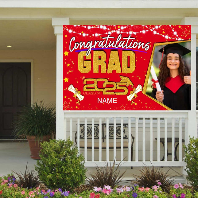 UUBAO Custom Graduation Party Decorations Personalization Banner Class of 2025 Backdrop (Red and Gold)