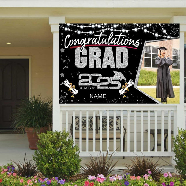 UUBAO Custom Graduation Party Decorations Personalization Banner Class of 2025 Backdrop (Black and Silver)