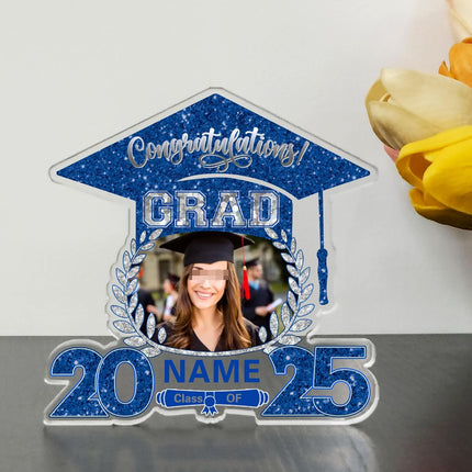 UUBAO Customized Graduation Plaque with Photo Crystal Desktop Keepsake Gift (Blue and Silver)