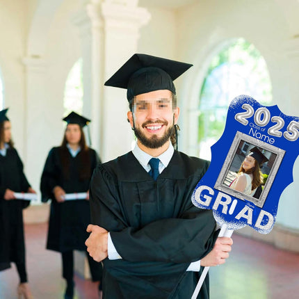 UUBAO Personalized Graduation Double Sided Face Fan Class of 2025 Customized Graduation Head Face Cutout with Handle Fun Photo Prop Supplies(Blue and Silver)