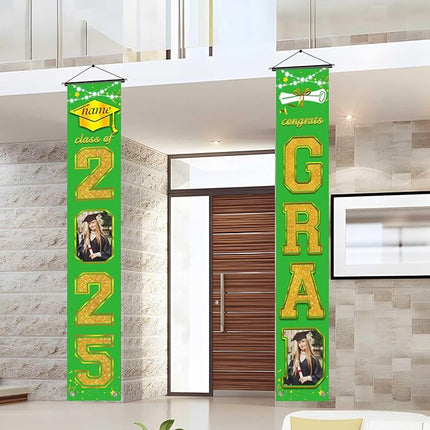 UUBAO Custom Graduation Party Decorations 2025 Personalization Congrats Grad Banner Graduation Front Door Porch Sign Backdrop(Light Green and Gold)