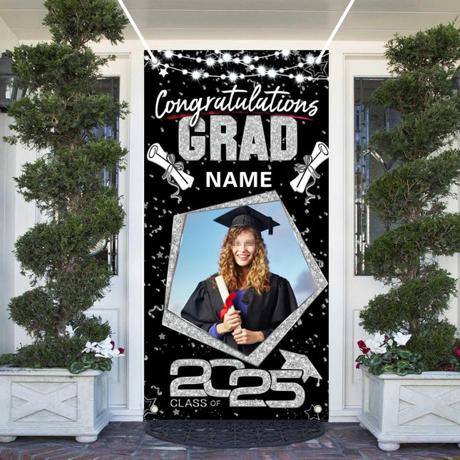 UUBAO Custom Graduation Party Decorations Personalization Banner Class of 2025 Backdrop Door Cover (Black and Silver)