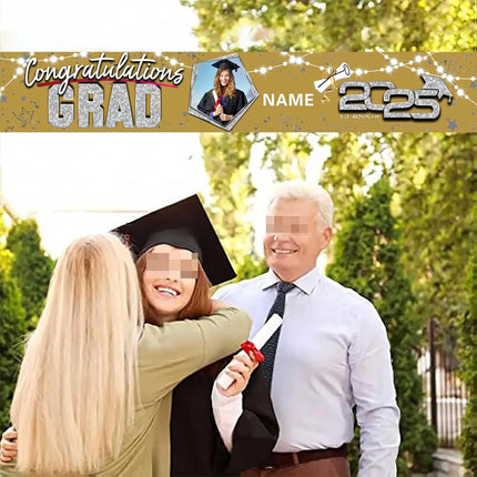 UUBAO Custom Graduation Party Decorations 2025 Personalization Congrats Grad Banner Graduation Backdrop(Champagne and Silver)