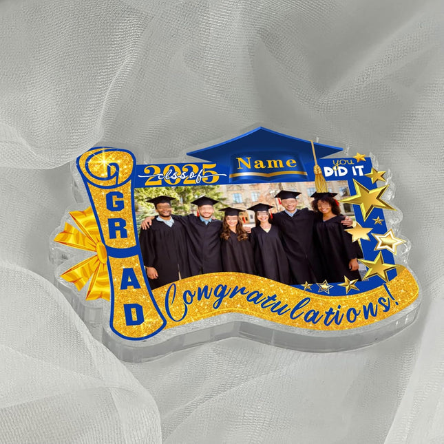 UUBAO Customized Graduation Plaque with Photo Crystal Desktop Keepsake Gift (Blue and Gold)