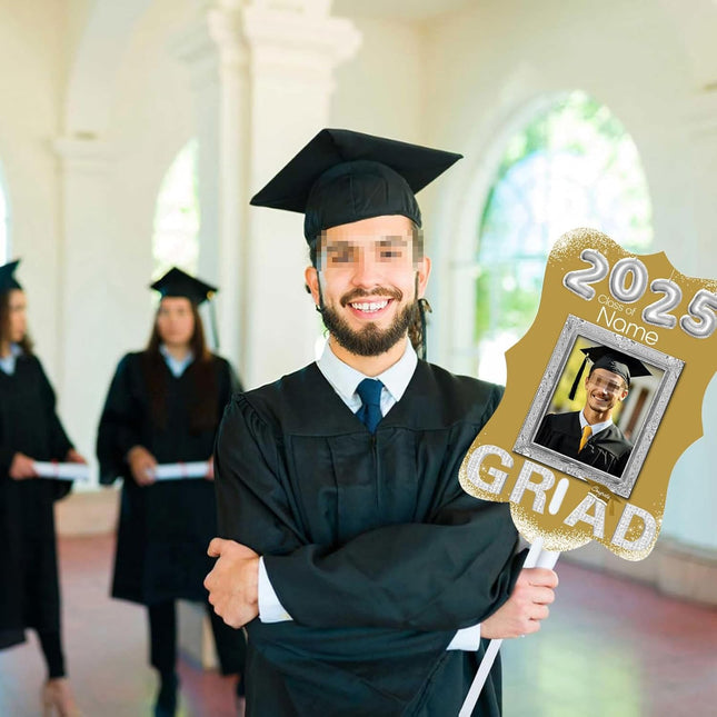 UUBAO Personalized Graduation Double Sided Face Fan Class of 2025 Customized Graduation Head Face Cutout with Handle Fun Photo Prop Supplies(Champagne)