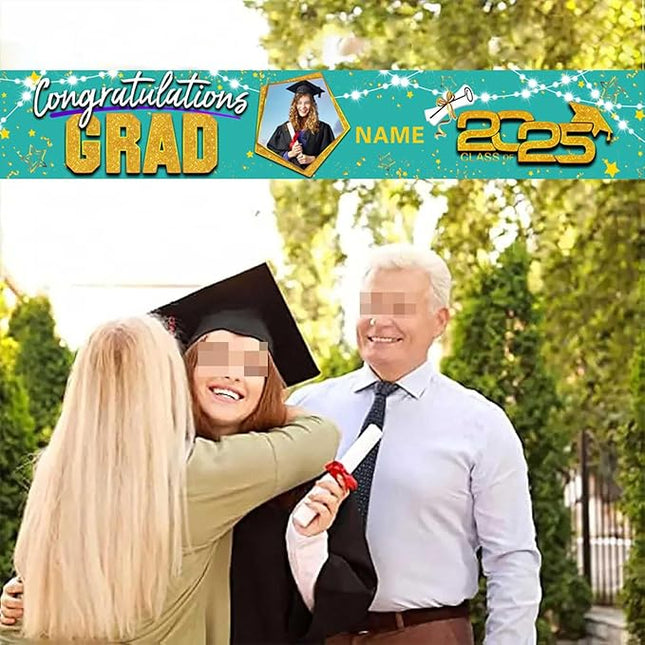 UUBAO Custom Graduation Party Decorations 2025 Personalization Congrats Grad Banner Graduation Backdrop(Peacock Blue and Gold)