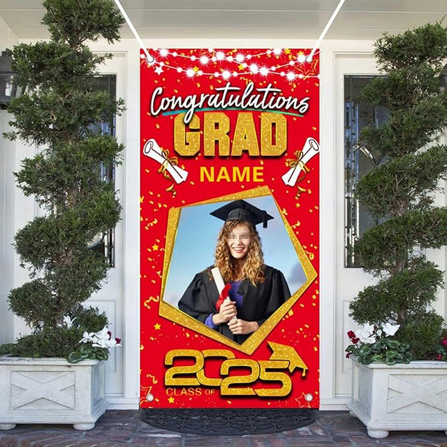 UUBAO Custom Graduation Party Decorations Personalization Banner Class of 2025 Backdrop Door Cover (Red and Gold)