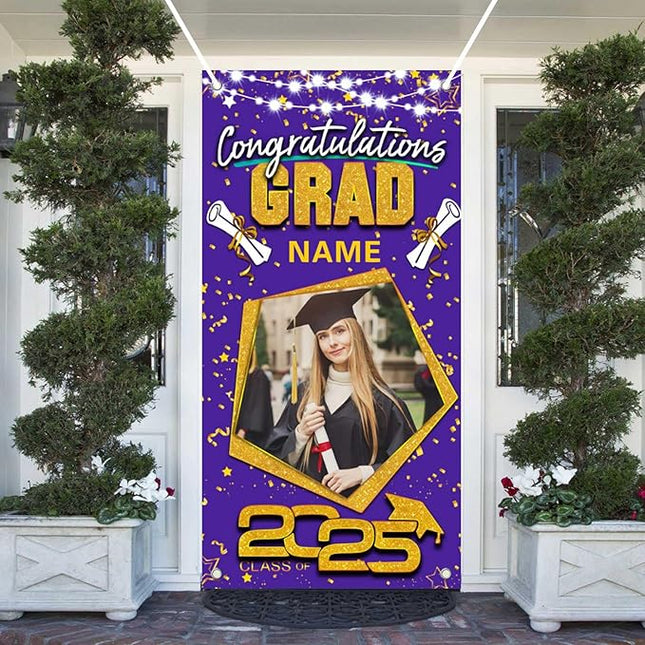 UUBAO Custom Graduation Party Decorations Personalization Banner Class of 2025 Backdrop Door Cover (Purple and Gold)