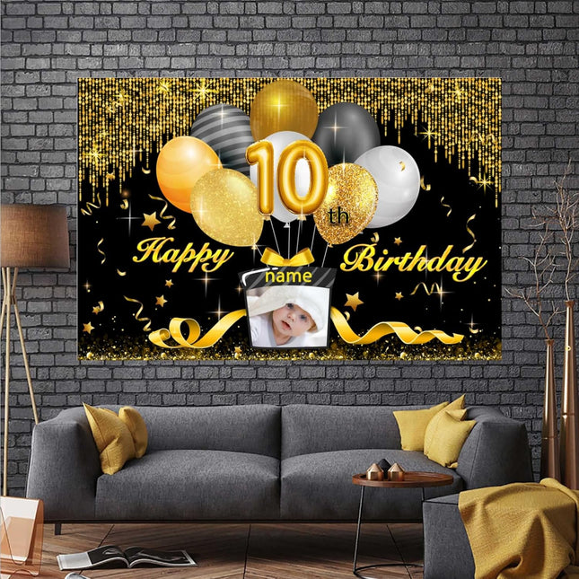 UUBAO Custom Black Gold Theme Birthday Banner for Party Happy Birthday Backdrop Decoration Personalized with Name and Photo
