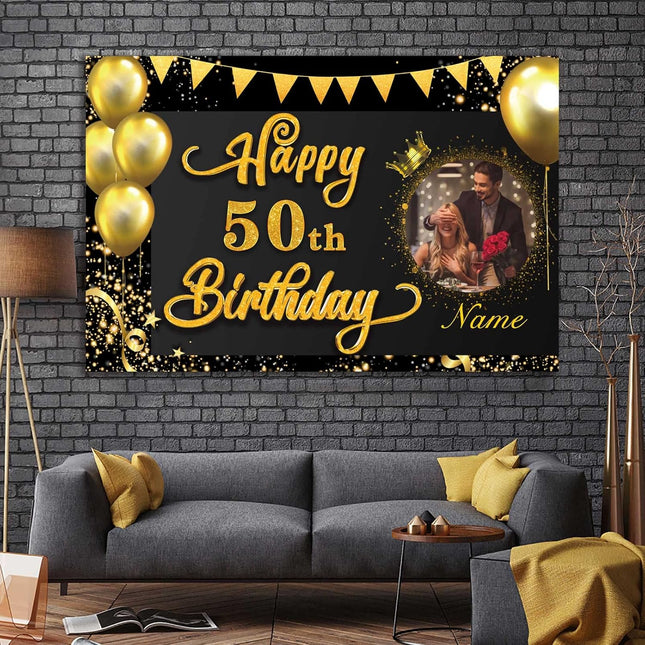 UUBAO Custom Happy Birthday Decorations Banner Backdrop for Women Men Boys Girls Personalization Black and Gold Birthday Party Supplies