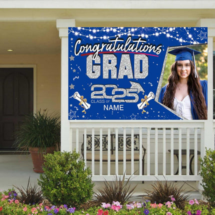 UUBAO Custom Graduation Party Decorations Personalization Banner Class of 2025 Backdrop (Blue and Silver)