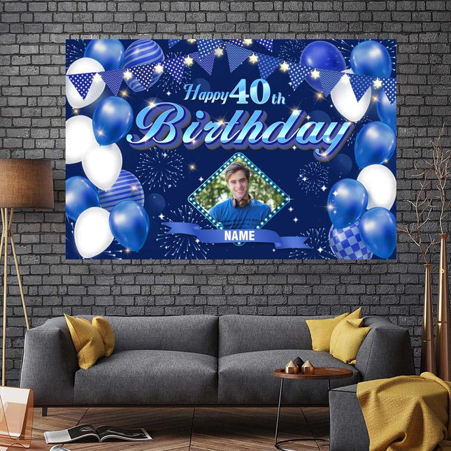 UUBAO Custom Navy Blue Theme Birthday Banner for Party Happy Birthday Backdrop Decoration Personalized with Name and Photo