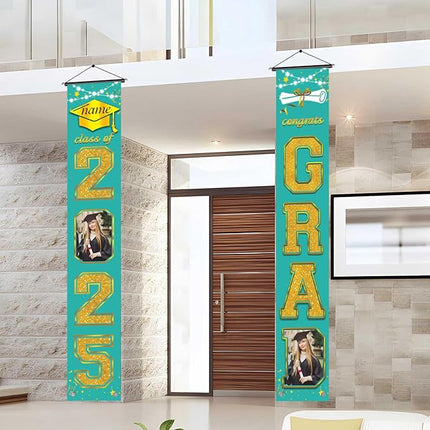 UUBAO Custom Graduation Party Decorations 2025 Personalization Congrats Grad Banner Graduation Front Door Porch Sign Backdrop(Peacock Blue and Gold)