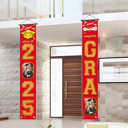 UUBAO Custom Graduation Party Decorations 2025 Personalization Congrats Grad Banner Graduation Front Door Porch Sign Backdrop(Red and Gold)