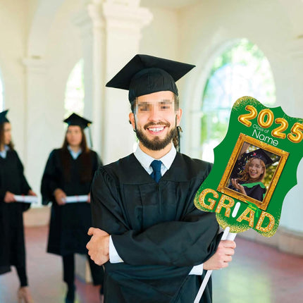 UUBAO Personalized Graduation Double Sided Face Fan Class of 2025 Customized Graduation Head Face Cutout with Handle Fun Photo Prop Supplies(Dark Green)