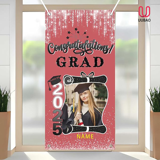 UUBAO Custom Graduation Party Decorations Personalization Banner Class of 2025 Backdrop Door Cover (Pink)