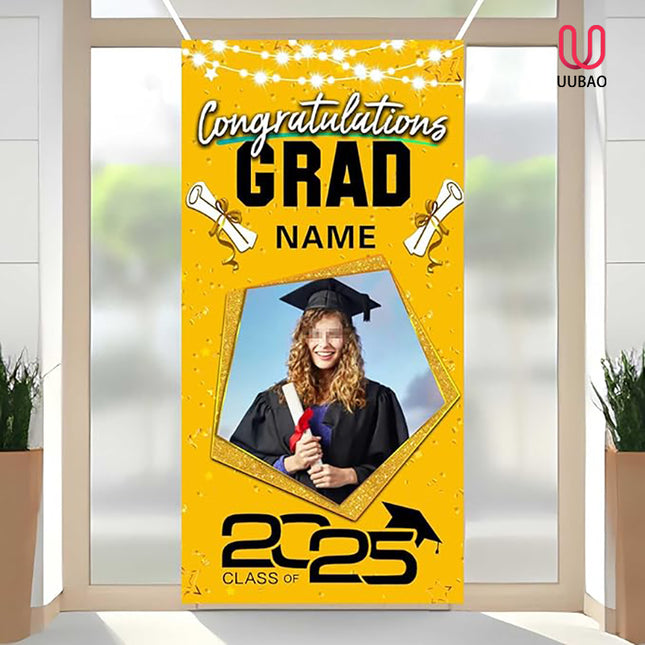 UUBAO Custom Graduation Party Decorations Personalization Banner Class of 2025 Backdrop Door Cover (Yellow)