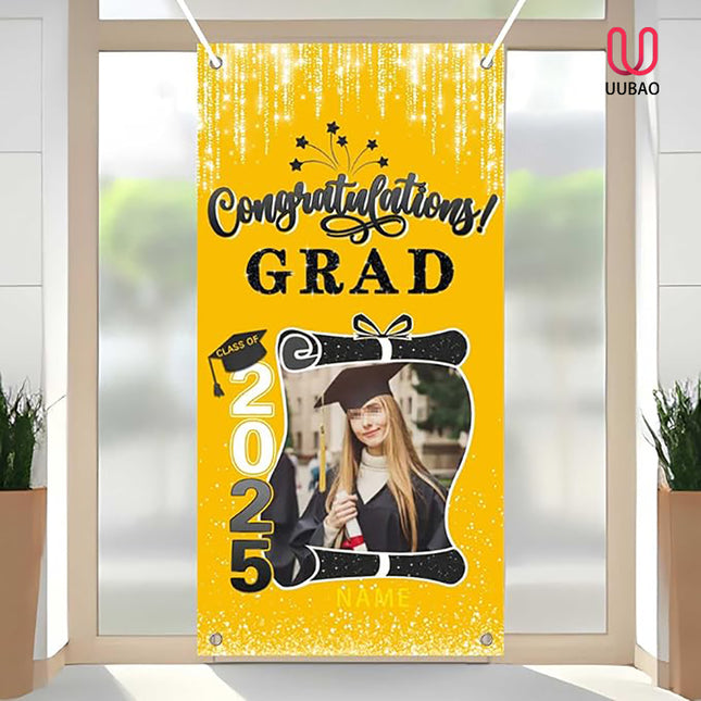 UUBAO Custom Graduation Party Decorations Personalization Banner Class of 2025 Backdrop Door Cover (Yellow)