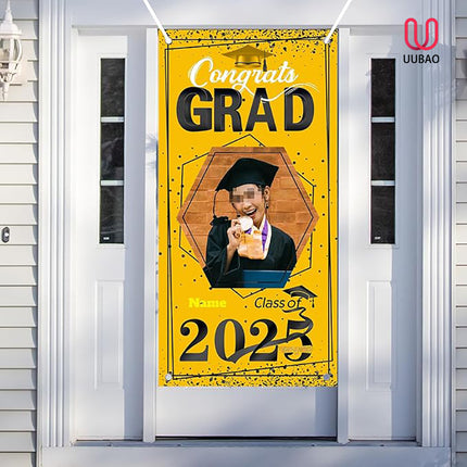 UUBAO Custom Graduation Party Decorations Personalization Banner Class of 2025 Backdrop Door Cover (Yellow)