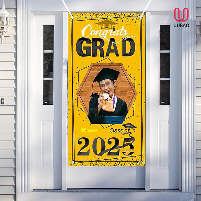 UUBAO Custom Graduation Party Decorations Personalization Banner Class of 2025 Backdrop Door Cover (Yellow)