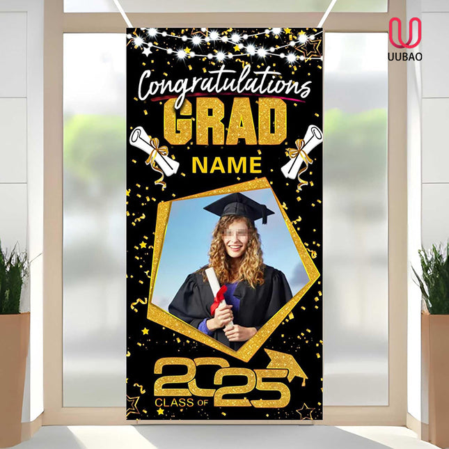 UUBAO Custom Graduation Party Decorations Personalization Banner Class of 2025 Backdrop Door Cover (Black and Gold)