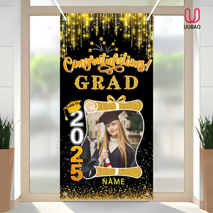 UUBAO Custom Graduation Party Decorations Personalization Banner Class of 2025 Backdrop Door Cover (Black and Gold)