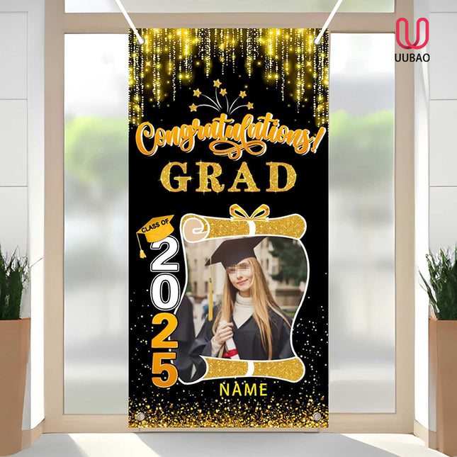 UUBAO Custom Graduation Party Decorations Personalization Banner Class of 2025 Backdrop Door Cover (Black and Gold)