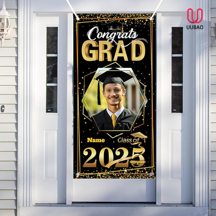UUBAO Custom Graduation Party Decorations Personalization Banner Class of 2025 Backdrop Door Cover (Black and Gold)