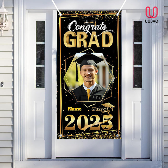 UUBAO Custom Graduation Party Decorations Personalization Banner Class of 2025 Backdrop Door Cover (Black and Gold)