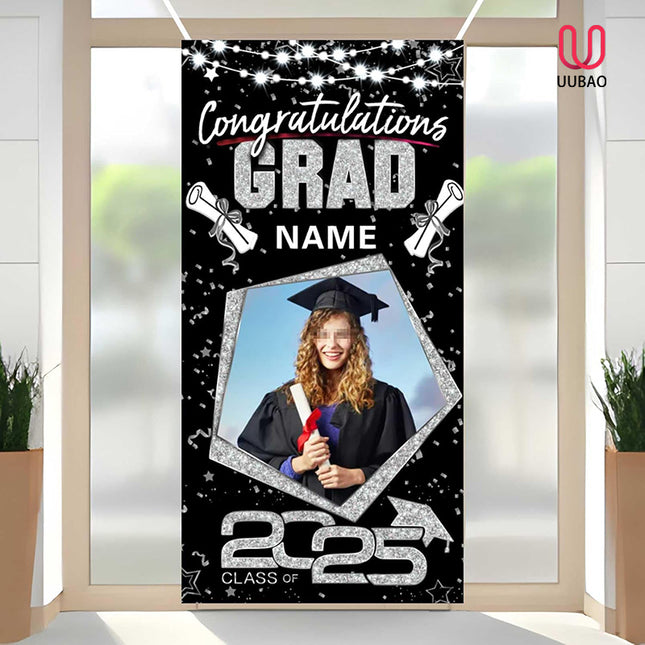 UUBAO Custom Graduation Party Decorations Personalization Banner Class of 2025 Backdrop Door Cover (Black and Silver)