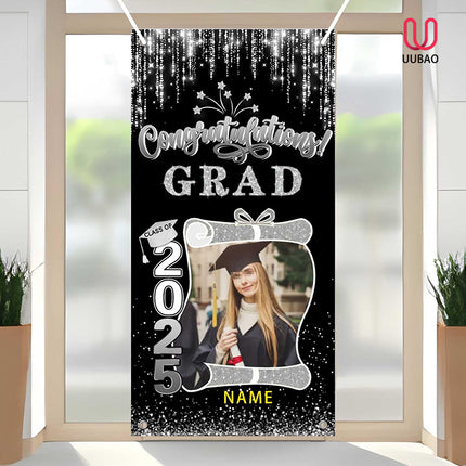 UUBAO Custom Graduation Party Decorations Personalization Banner Class of 2025 Backdrop Door Cover (Black and Silver)
