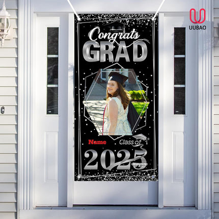 UUBAO Custom Graduation Party Decorations Personalization Banner Class of 2025 Backdrop Door Cover (Black and Silver)