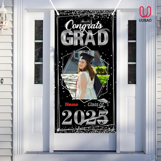 UUBAO Custom Graduation Party Decorations Personalization Banner Class of 2025 Backdrop Door Cover (Black and Silver)