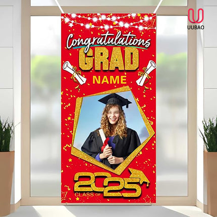 UUBAO Custom Graduation Party Decorations Personalization Banner Class of 2025 Backdrop Door Cover (Red and Gold)