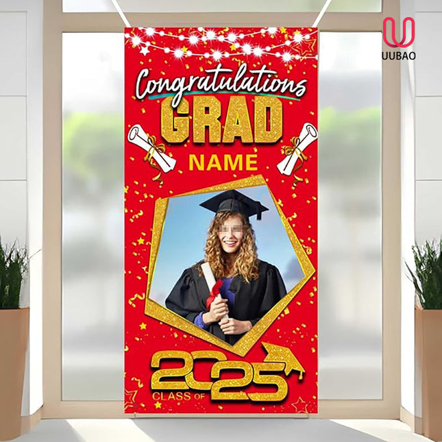 UUBAO Custom Graduation Party Decorations Personalization Banner Class of 2025 Backdrop Door Cover (Red and Gold)