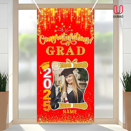 UUBAO Custom Graduation Party Decorations Personalization Banner Class of 2025 Backdrop Door Cover (Red and Gold)