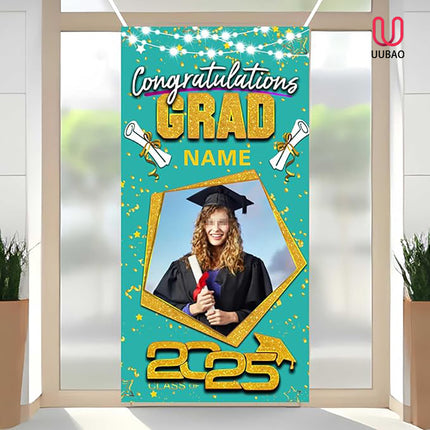 UUBAO Custom Graduation Party Decorations Personalization Banner Class of 2025 Backdrop Door Cover (Peacock Blue and Gold)