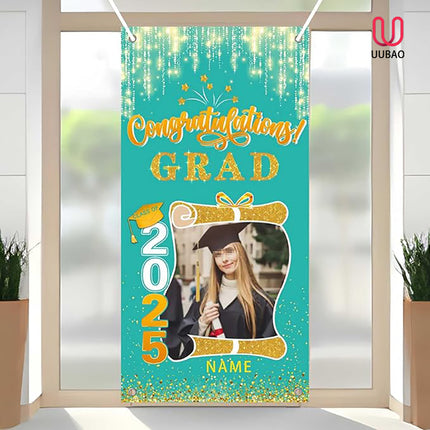 UUBAO Custom Graduation Party Decorations Personalization Banner Class of 2025 Backdrop Door Cover (Peacock Blue and Gold)