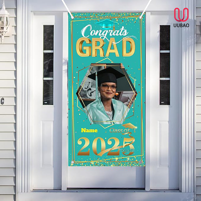 UUBAO Custom Graduation Party Decorations Personalization Banner Class of 2025 Backdrop Door Cover (Peacock Blue and Gold)