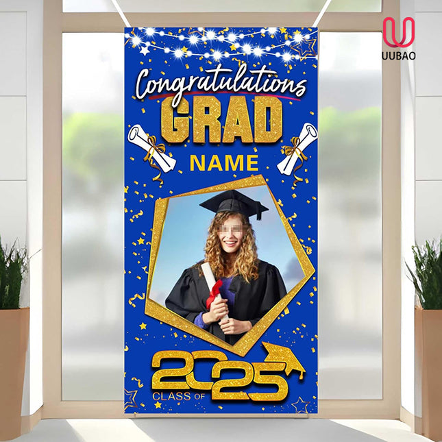 UUBAO Custom Graduation Party Decorations Personalization Banner Class of 2025 Backdrop Door Cover (Blue and Gold)