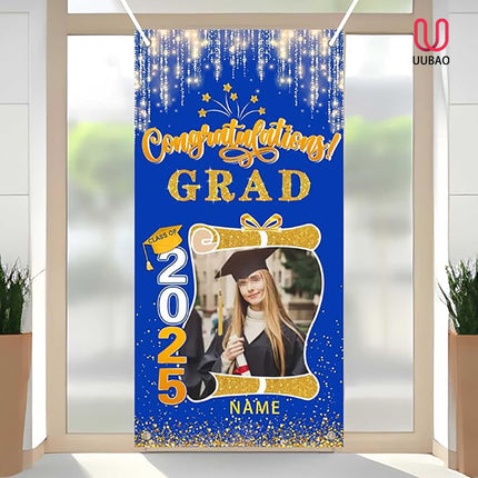 UUBAO Custom Graduation Party Decorations Personalization Banner Class of 2025 Backdrop Door Cover (Blue and Gold)